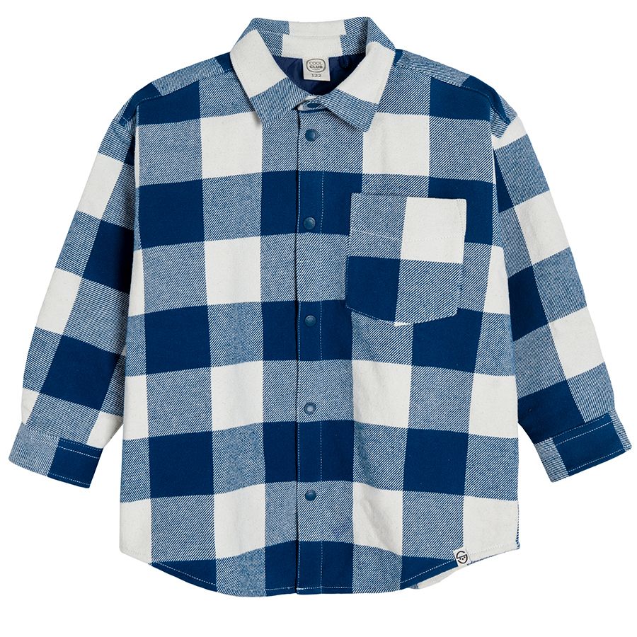 White and blue check long sleeve button down shirt