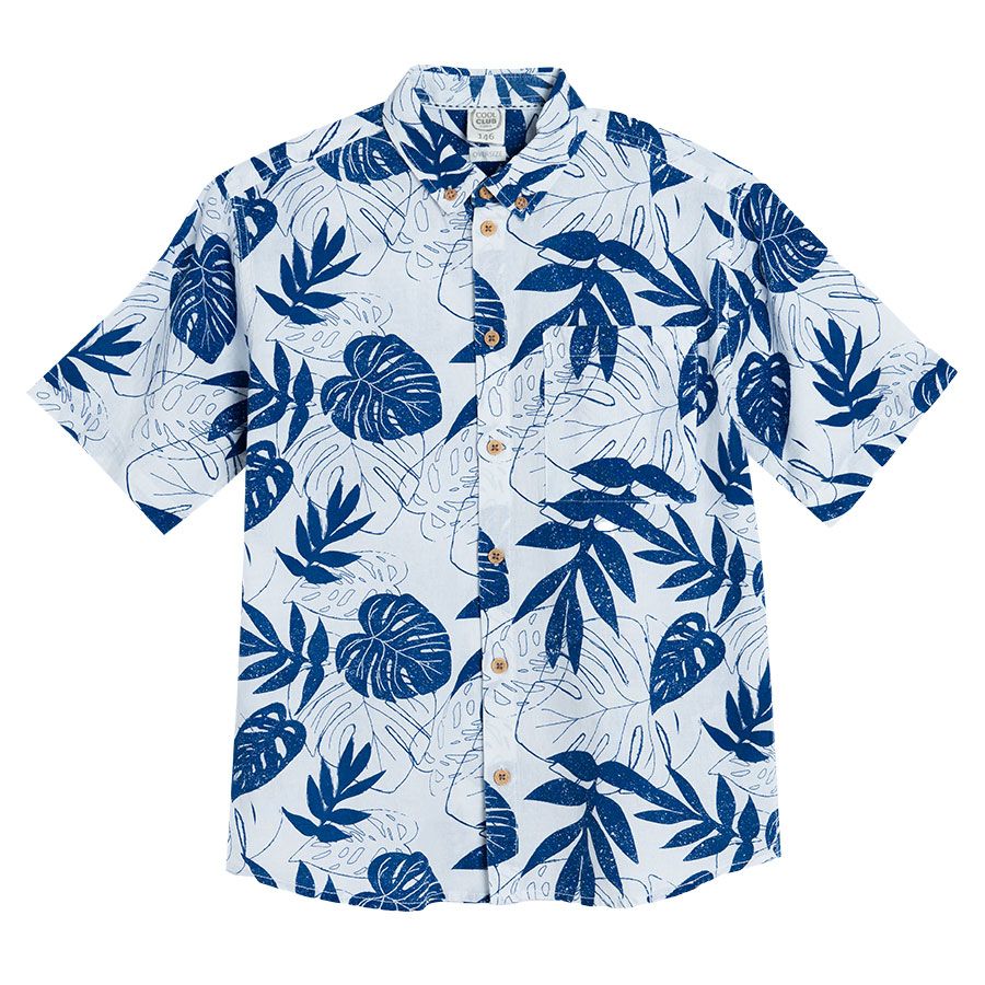 White short sleeve shirt with blue tropical leaves print and chest pocket