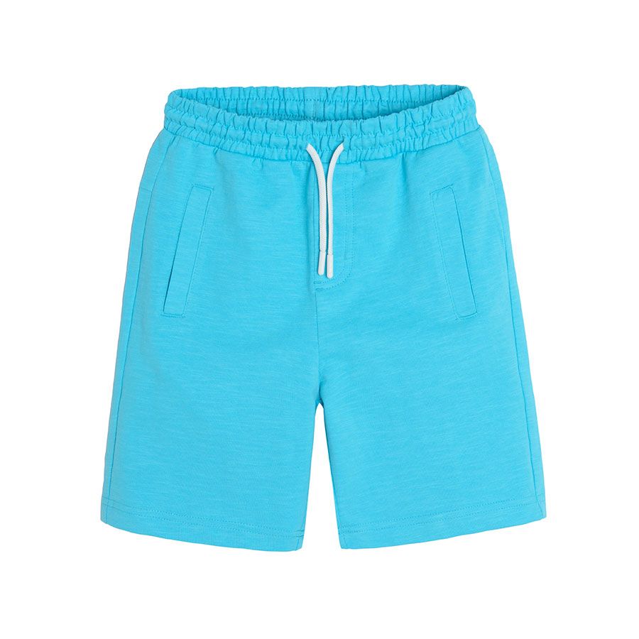 Light blue shorts with adjustable waist and side pockets