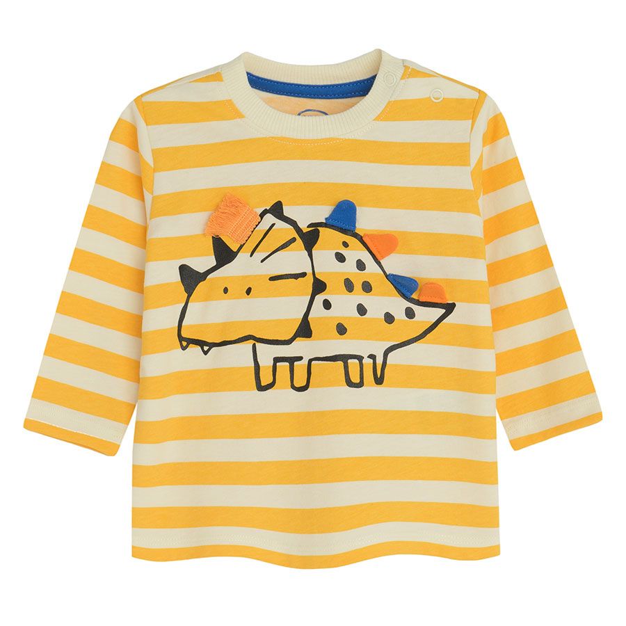 Yellow and white stripes long sleeve blouse with dinosaur print
