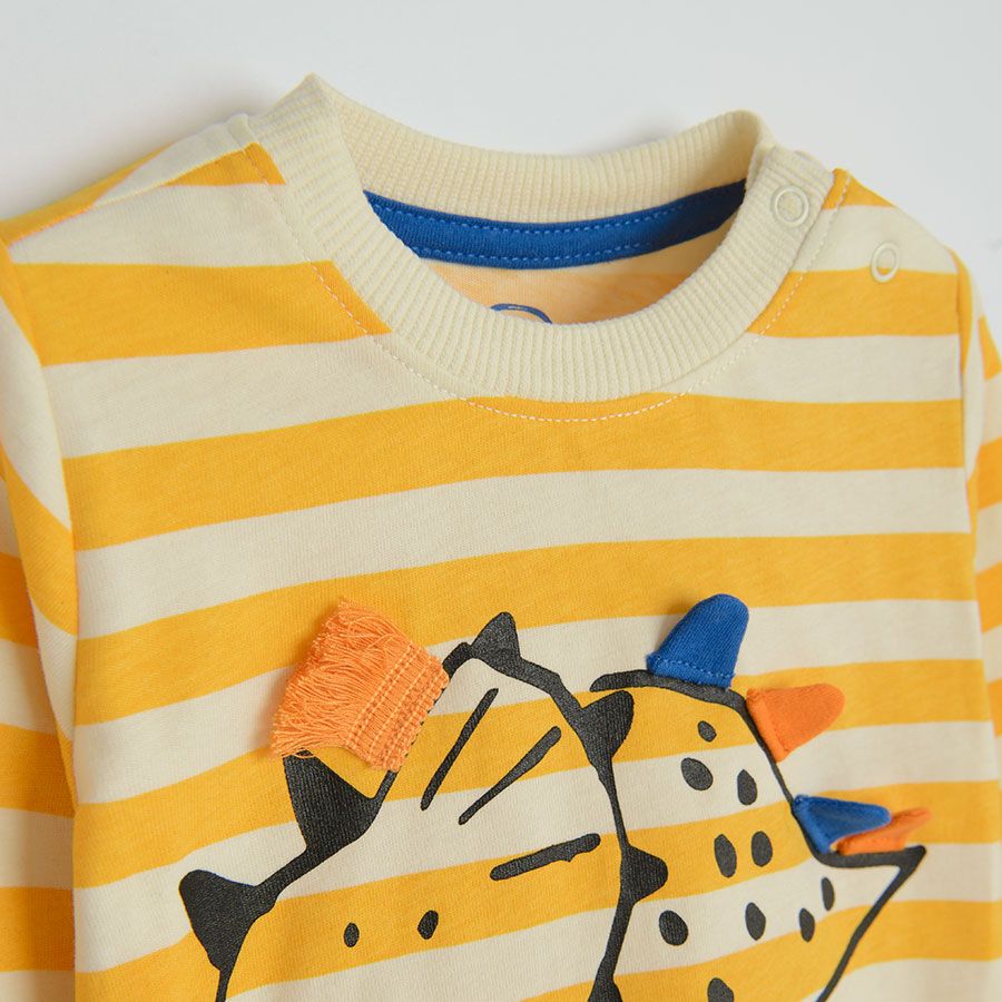 Yellow and white stripes long sleeve blouse with dinosaur print