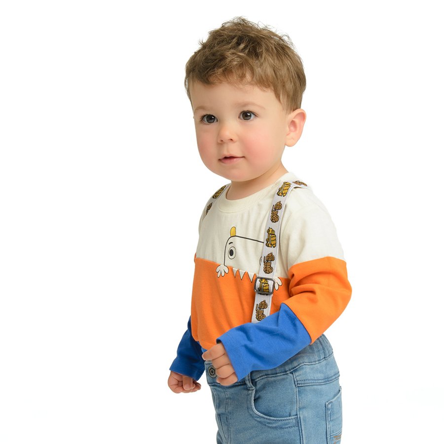 Blue, orange and white long sleeve blouse with dinosaur on skateboard print