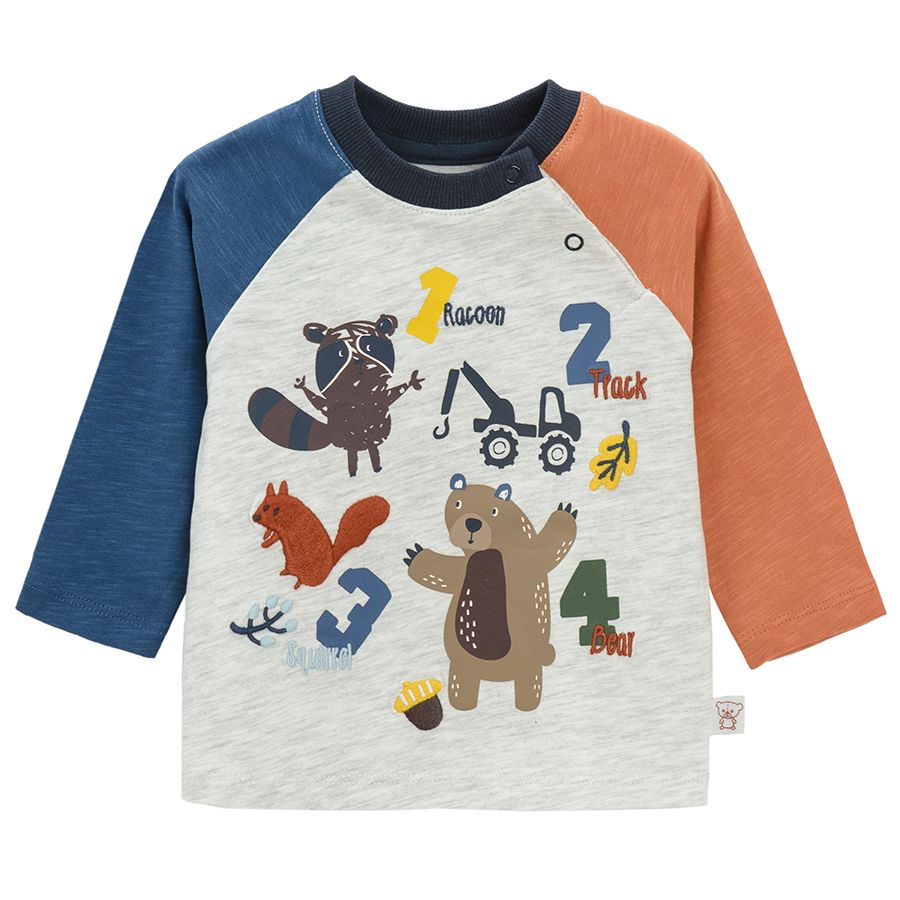 Long sleeve blouse with wild animals, numbers and trucks print