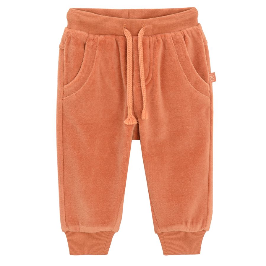 Orange and beige with trucks velvet jogging pants- 2 pack