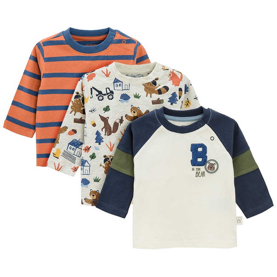 Stripes, white and blue and ecru with forest life prints long sleeve blouses- 3 pack