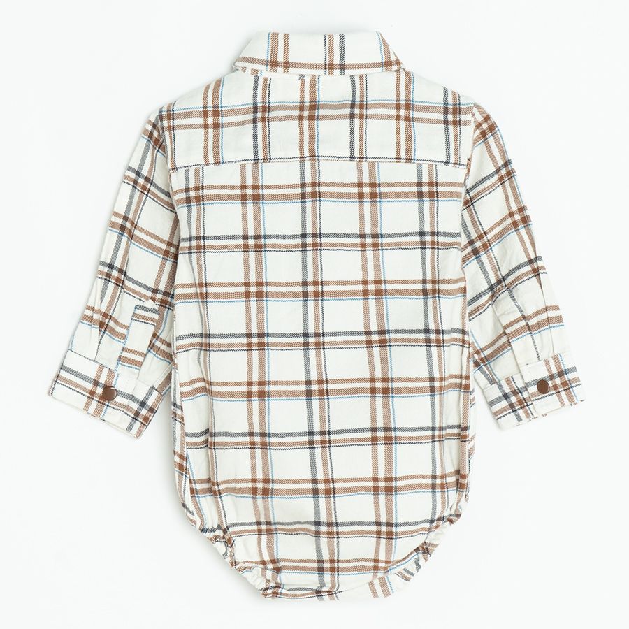 Brown checked button down long sleeve bodysuit