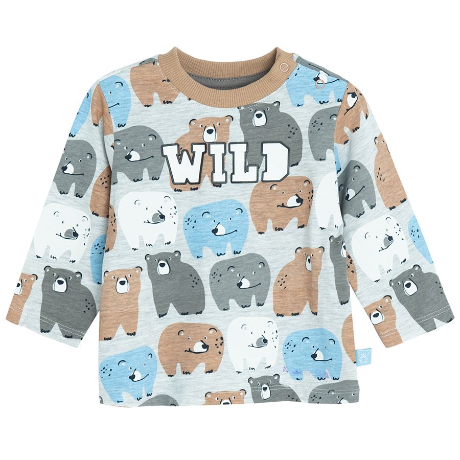 Blue, grey and blue stripped long sleeve blouses with bear print- 3 pack
