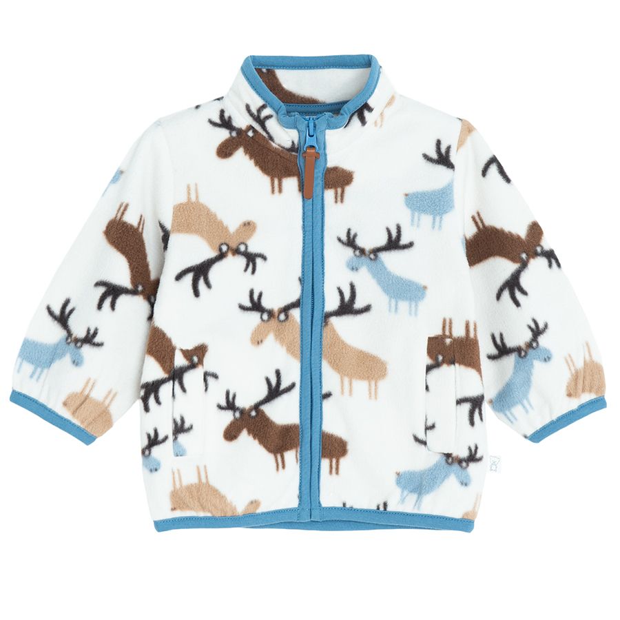 Fleece zip through jacket with deers print and blue jogging pants