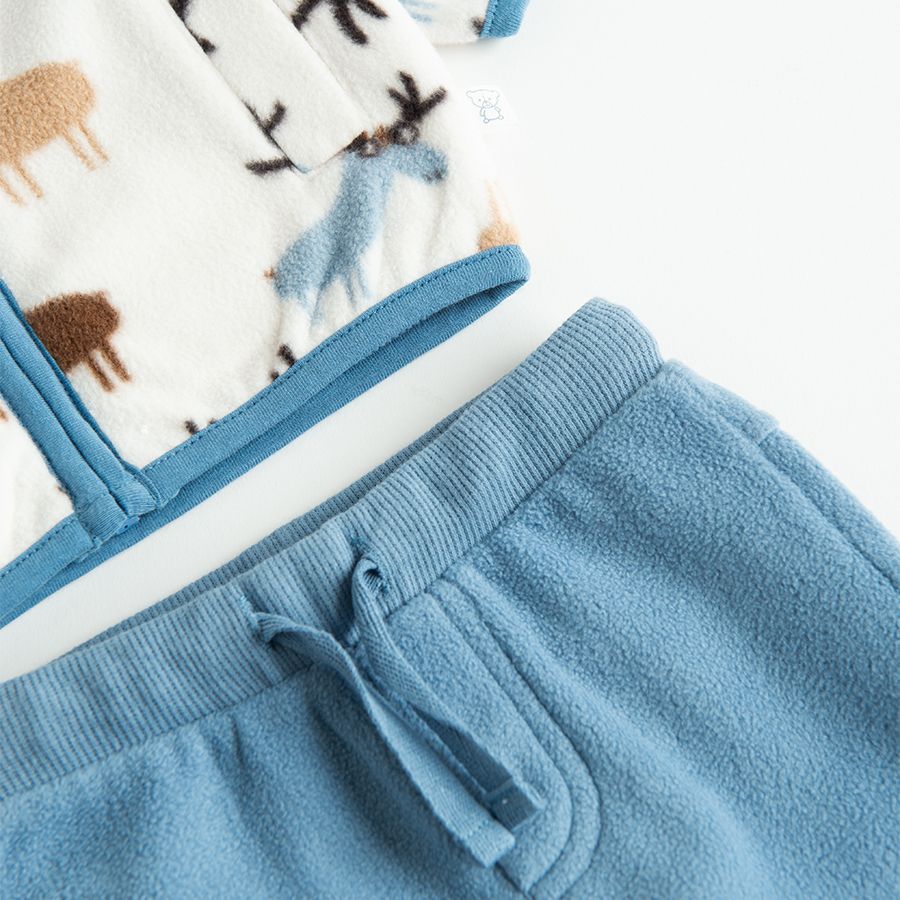 Fleece zip through jacket with deers print and blue jogging pants