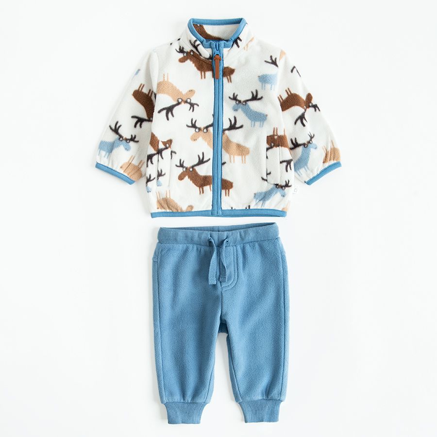 Fleece zip through jacket with deers print and blue jogging pants