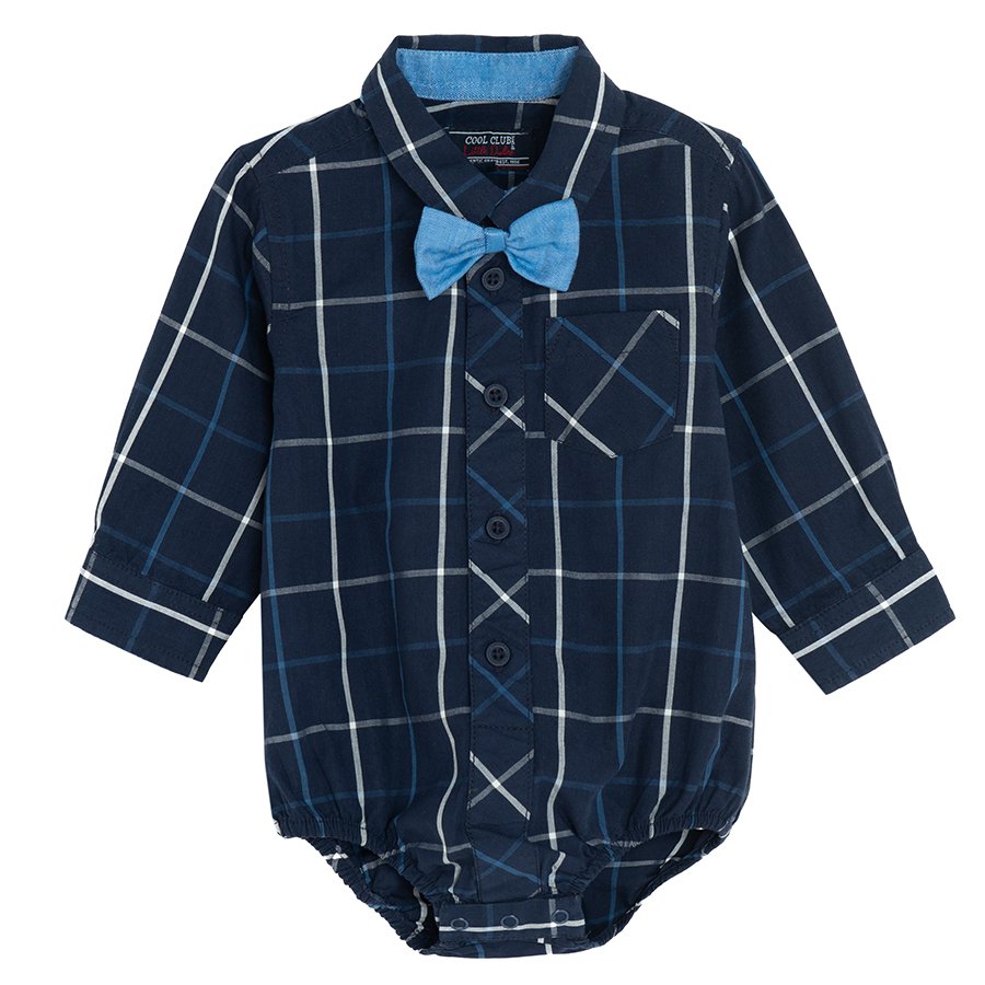 Blue checked long sleeve button down bodysuit with a bow