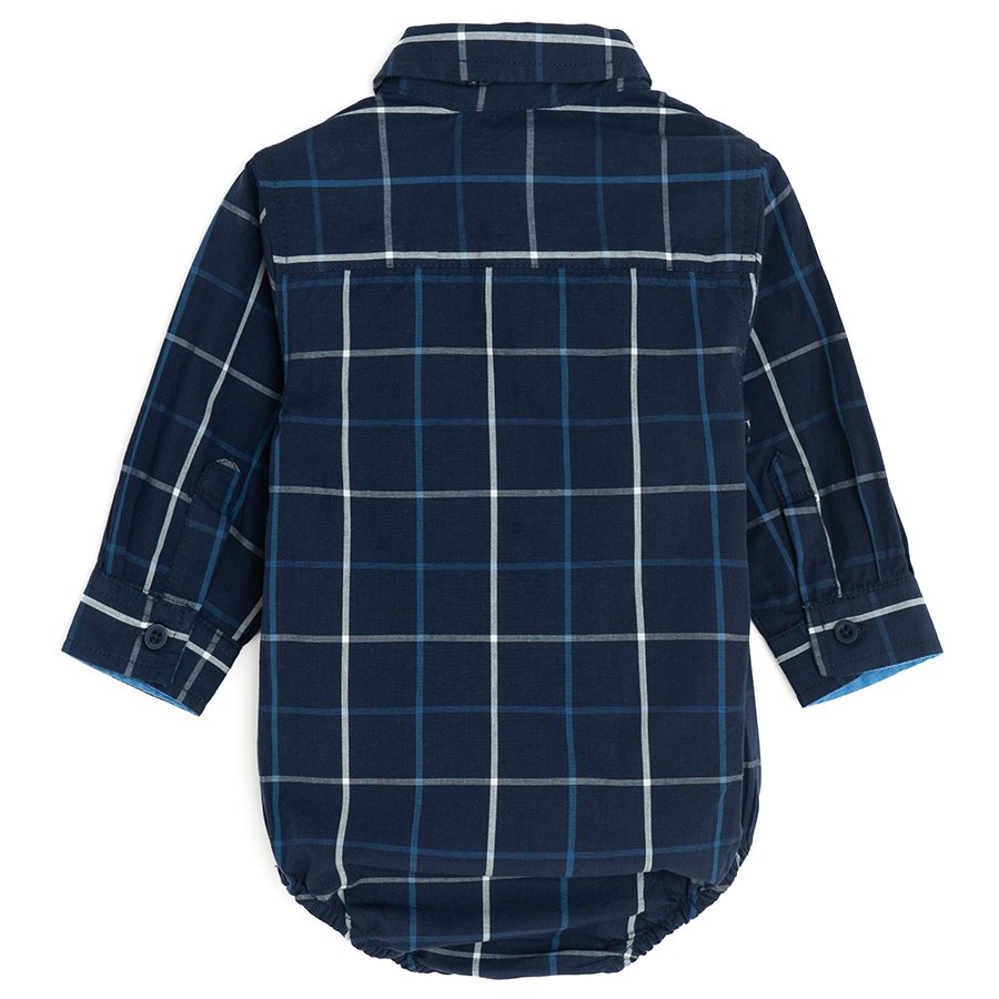 Blue checked long sleeve button down bodysuit with a bow