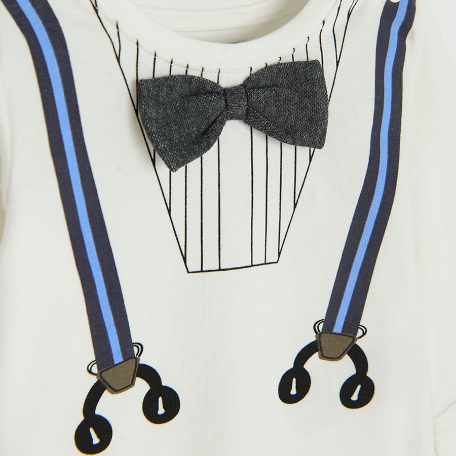 White long sleeve bodysuit with suspenders and bow tie print and grey jogging pants with external pockets