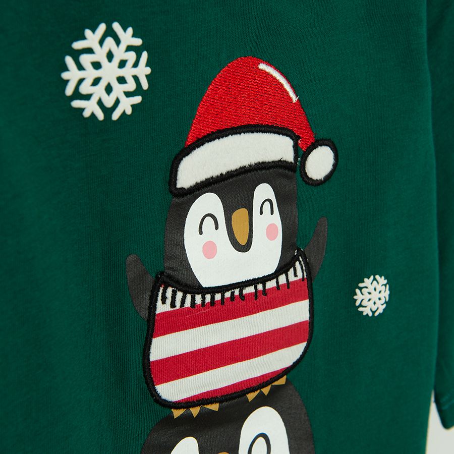 Green long sleeve blouse with penguins with Santa outfit