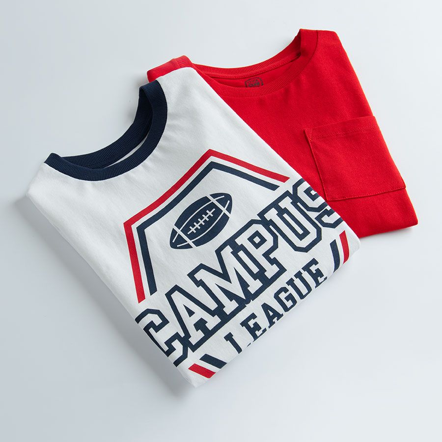 Whte and red long sleeve blouses- 'Campus League' print- 2 pack