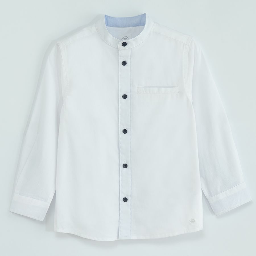 White long sleeve shirt with sleeve rolling up to a button
