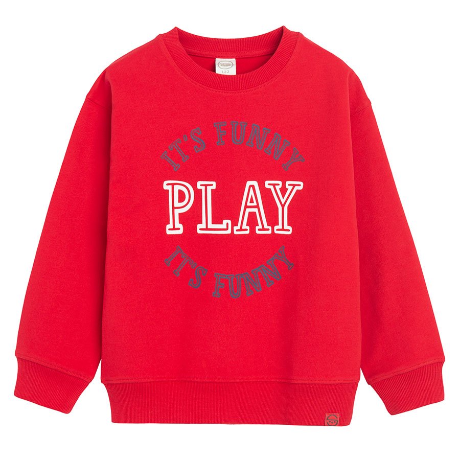 Red sweatshirt with 'It’s Funny Paly' print