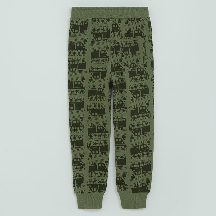 Green jogging pants with trucks print
