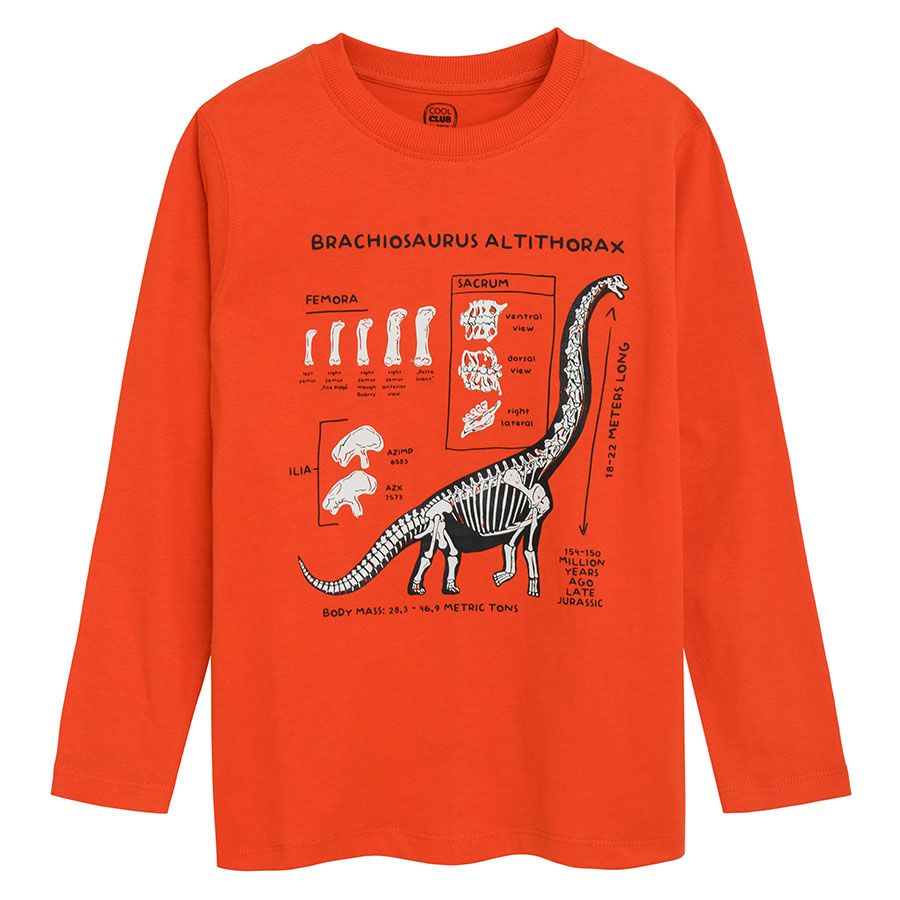 Red long sleeve blouse with dinosaur print