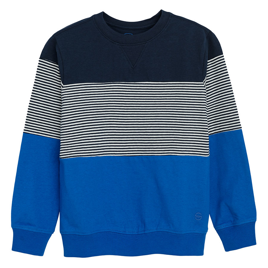Light blue, white and dark blue striped sweatshirt