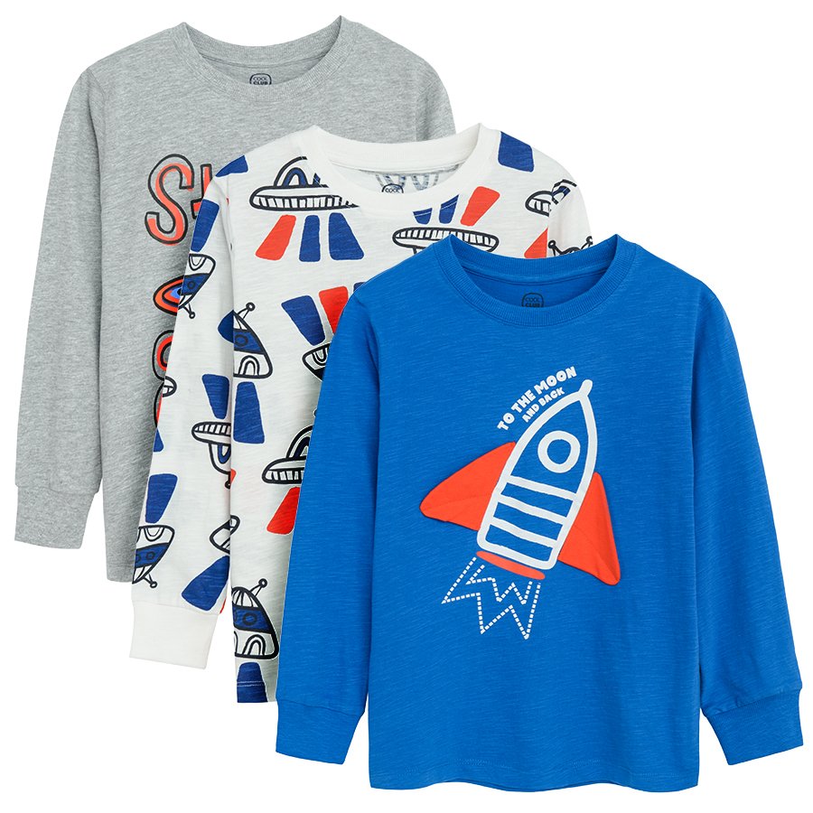 White, grey and blue long sleeve blouses with space theme prints