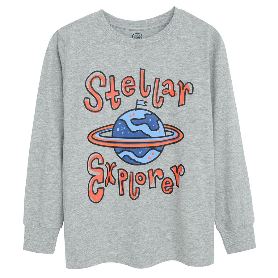White, grey and blue long sleeve blouses with space theme prints