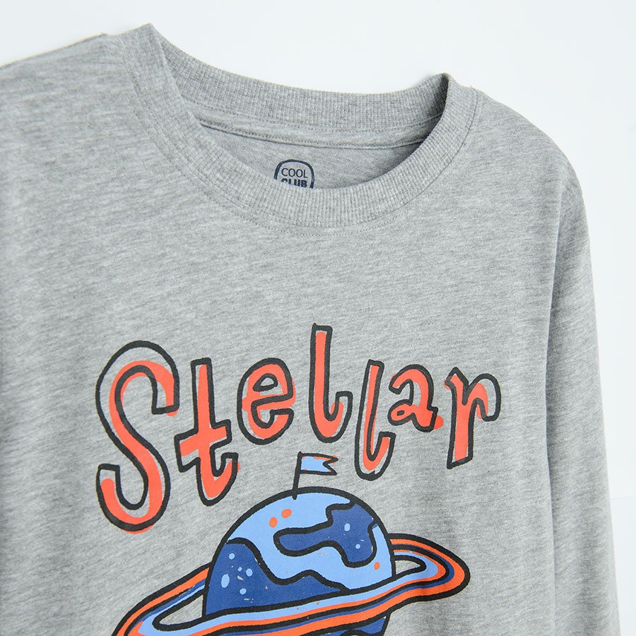 White, grey and blue long sleeve blouses with space theme prints