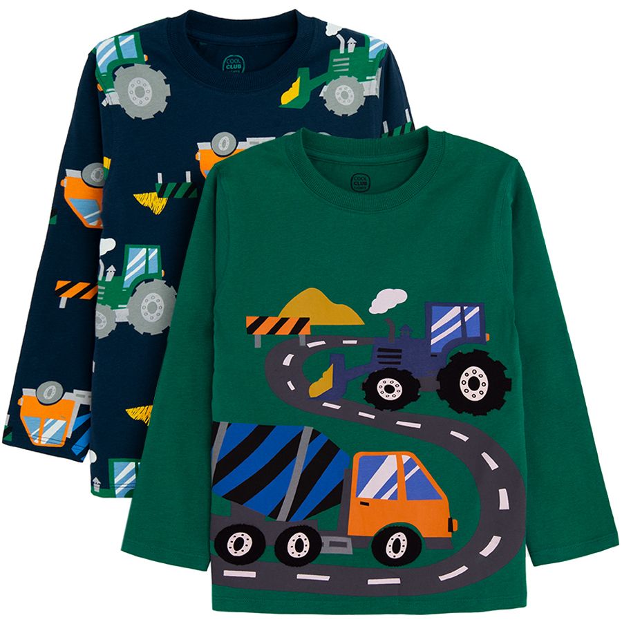 Green and blue long sleeve blouses with trucks print- 2 pack
