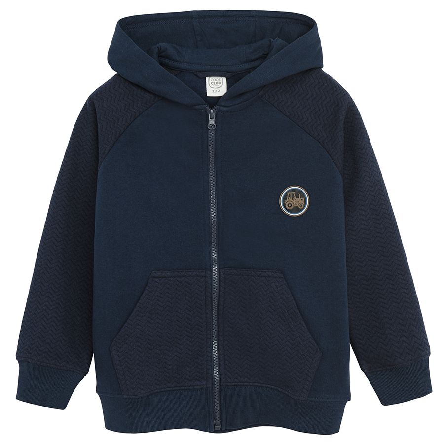 Φούτερ με κουκούλα μπλε σκούρο με επένδυση fleece και στάμπα τρακτερ