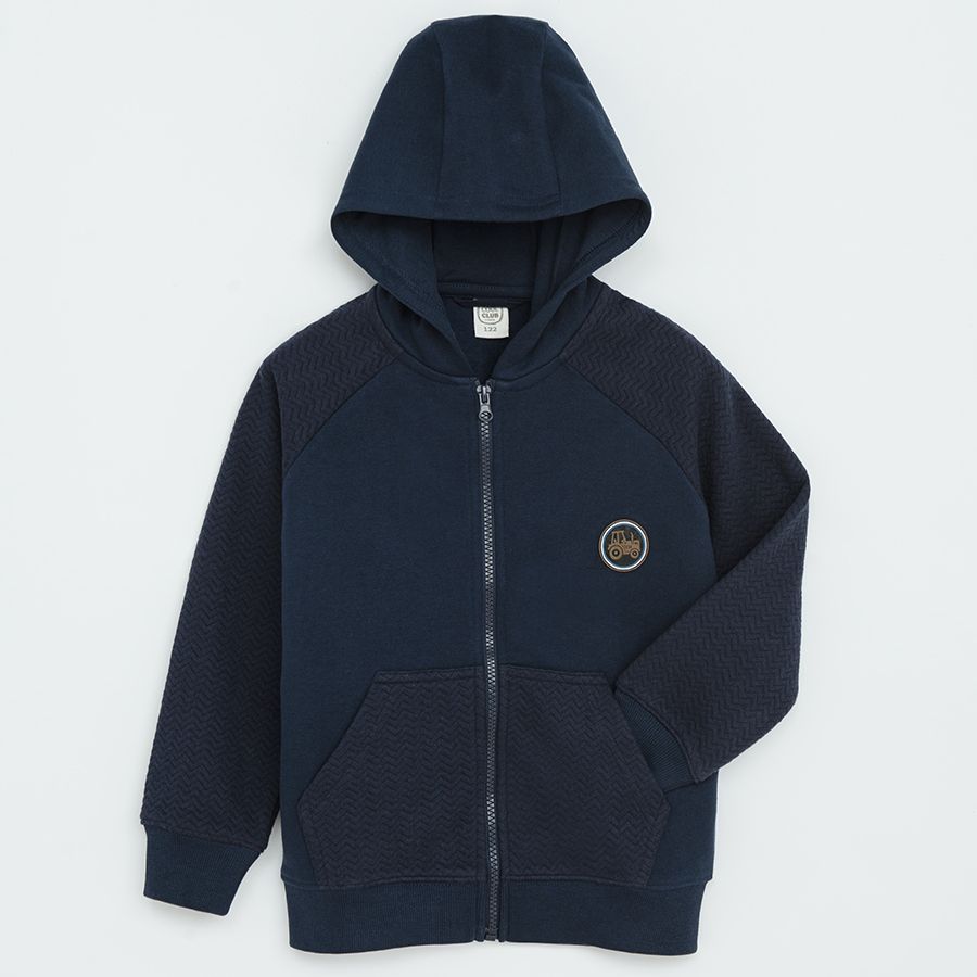 Φούτερ με κουκούλα μπλε σκούρο με επένδυση fleece και στάμπα τρακτερ
