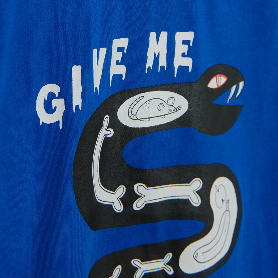 Blue long sleeve blouse with GIVE ME MORE SNACKS print
