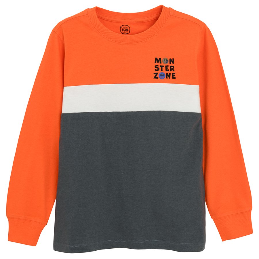 Blue, white and orange long sleeve sweatshirt 'MONSTER ZONE' print