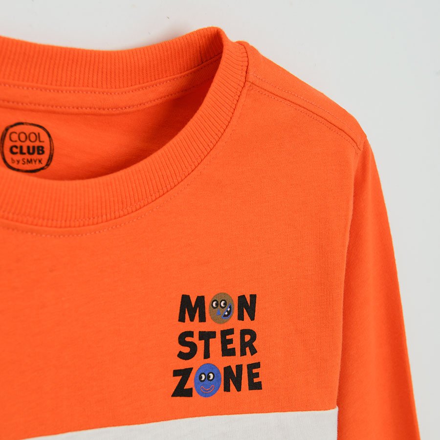 Blue, white and orange long sleeve sweatshirt 'MONSTER ZONE' print