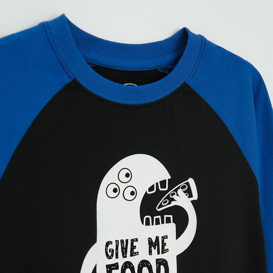 Black with blue sleeves sweatshirt with 'GIVE ME FOOD' print