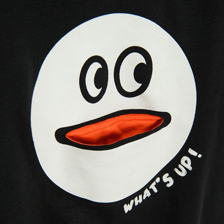 Black sweatshirt with white What's up Smiley print