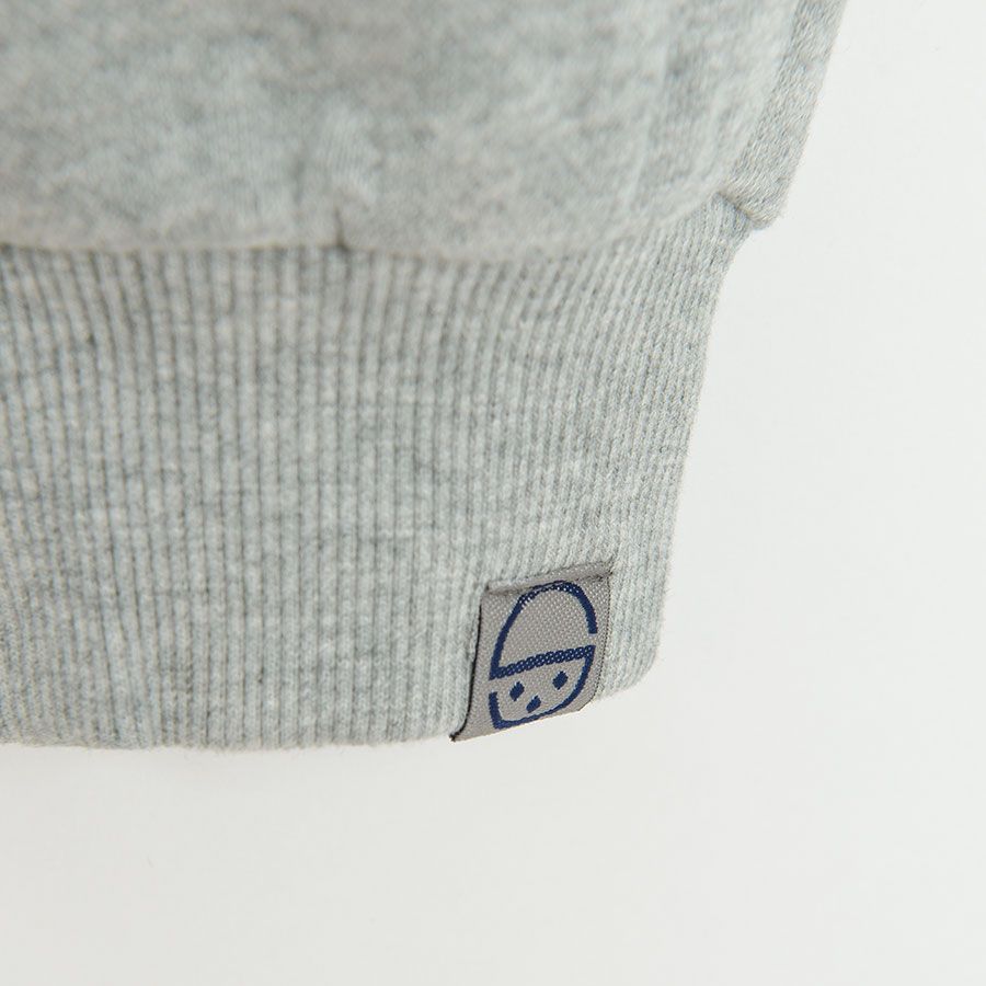 Grey jogging pants with blue and green stripes