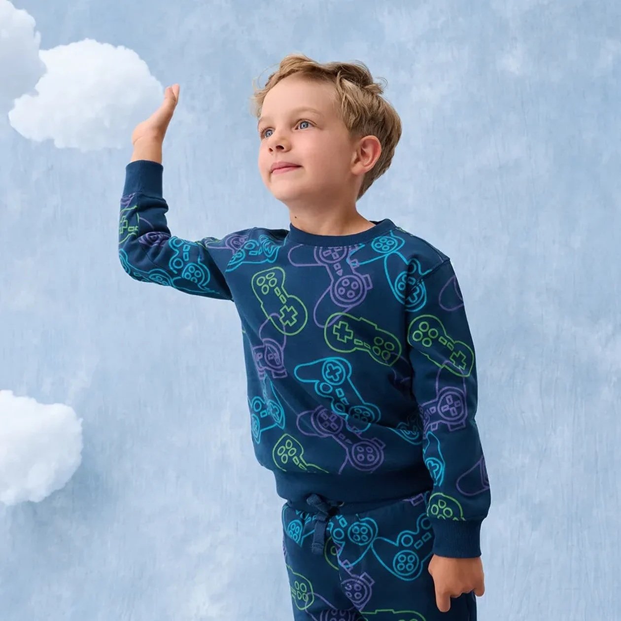 Blue sweatshirt with joystick print