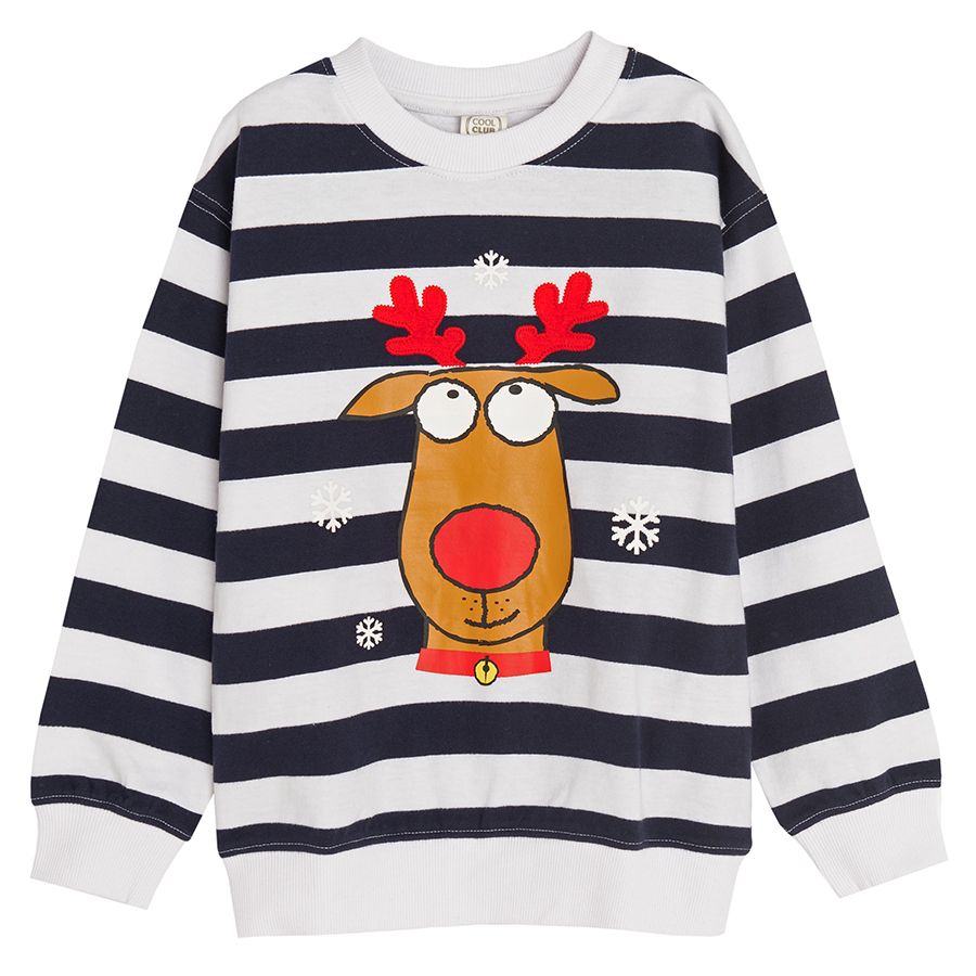 Blue and white stripes sweatshirt with raindeer print