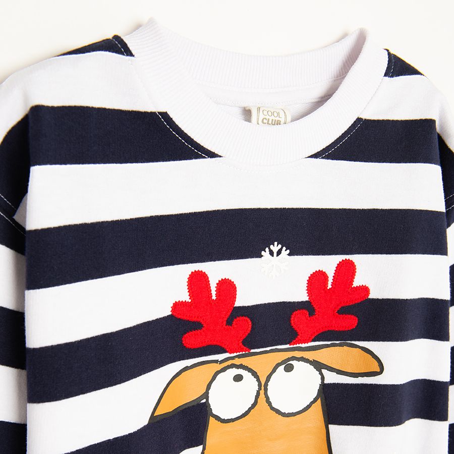 Blue and white stripes sweatshirt with raindeer print