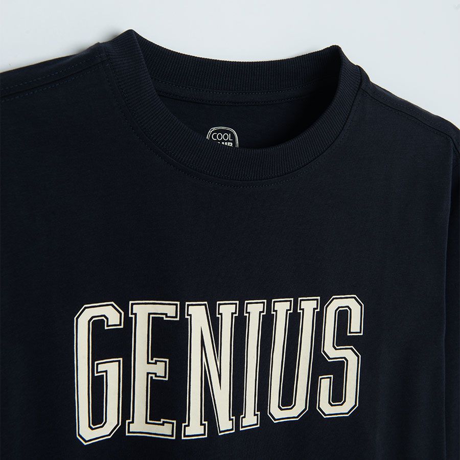 Black long sleeve blouse with 'GENIUS' print