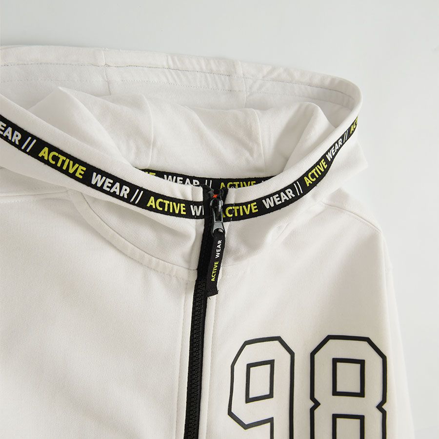 White hooded zip through sweatshirt with 98 New Sport print