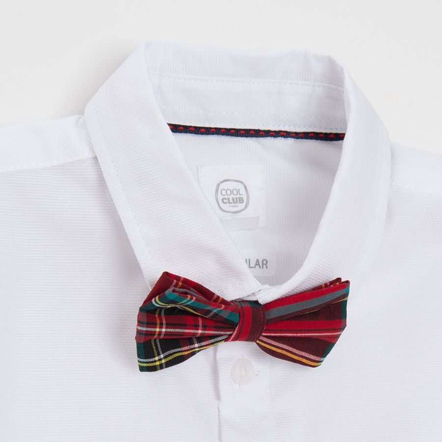 White long sleeve button down shirt and red bow tie