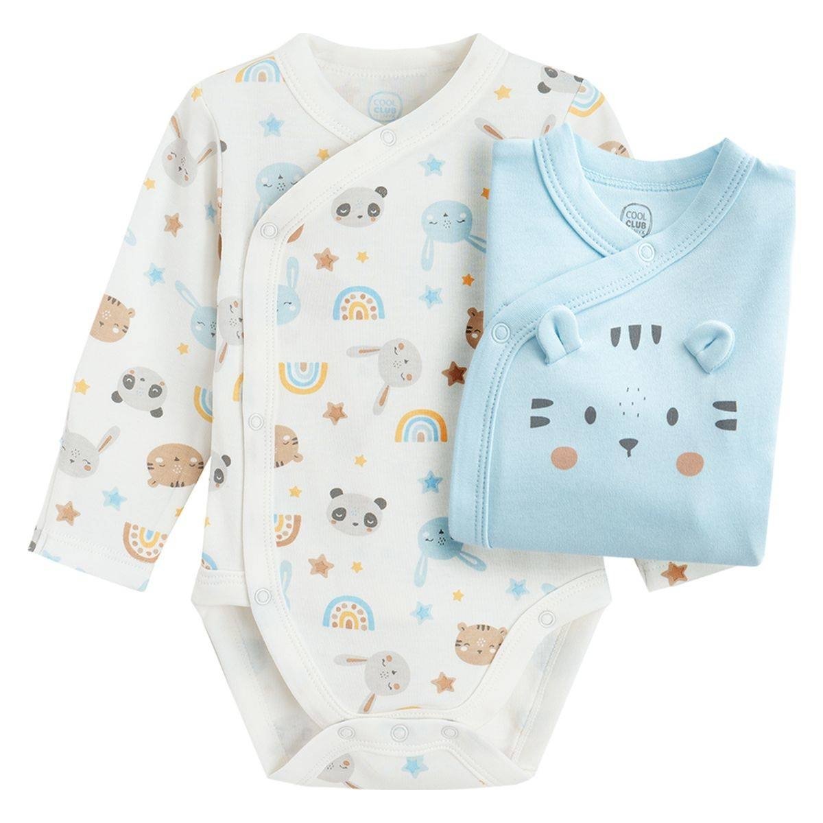 White and blue wrap long sleeve bodysuits with animals print