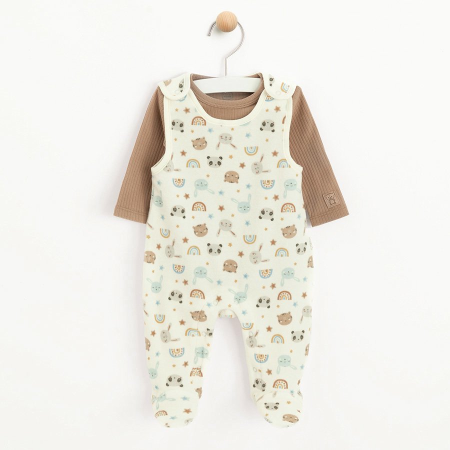 White sleeveless footless overall with panda and rainbow print and brown bodysuit set?