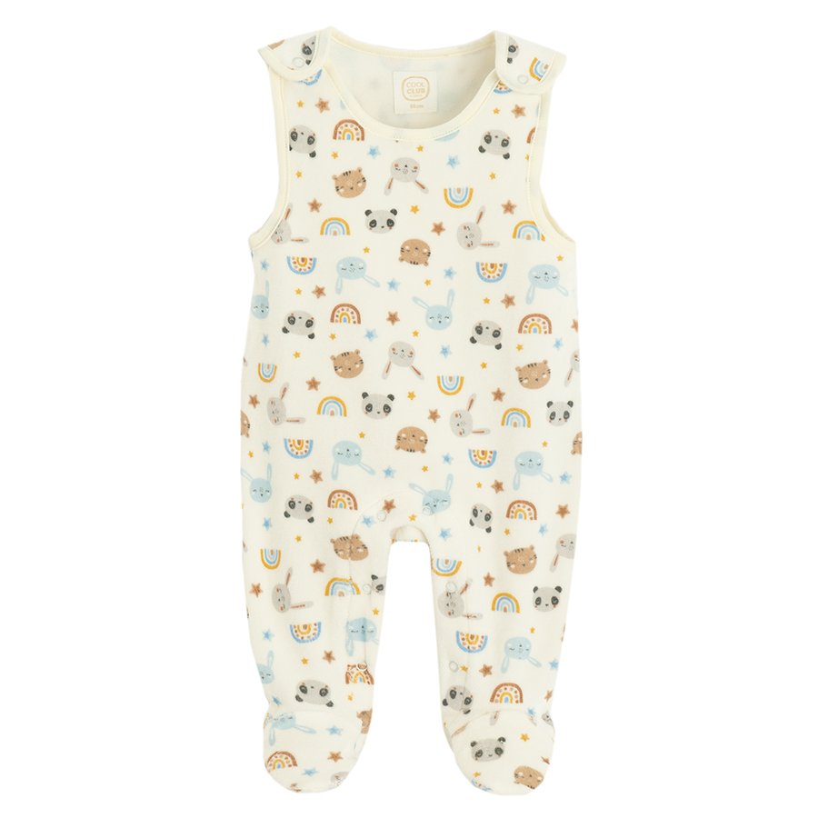 White sleeveless footless overall with panda and rainbow print and brown bodysuit set?