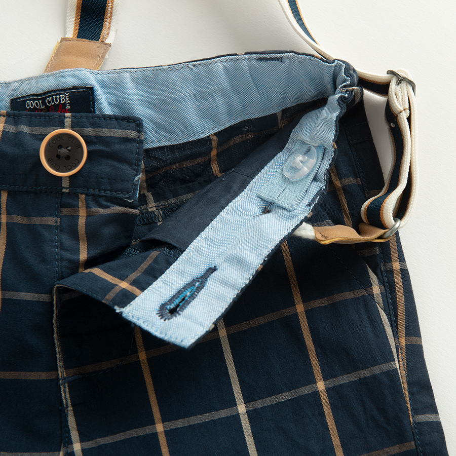 Blue checked pants with suspenders and vest, light blue button down long sleeve bodysuit with bow tie