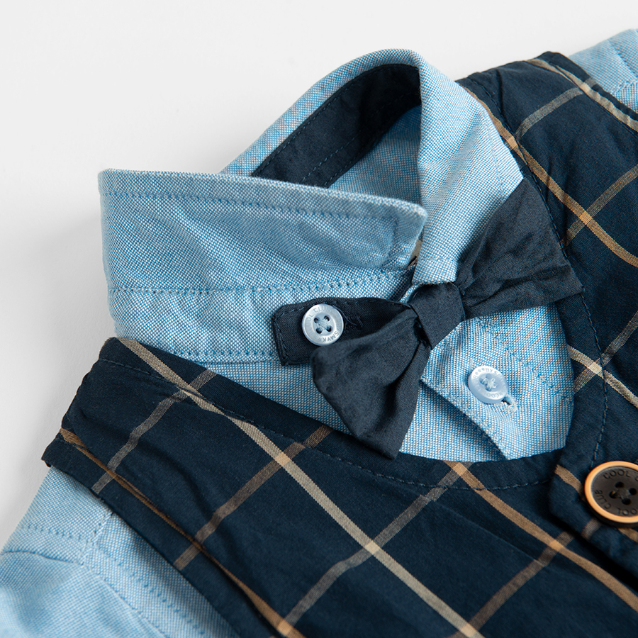 Blue checked pants with suspenders and vest, light blue button down long sleeve bodysuit with bow tie