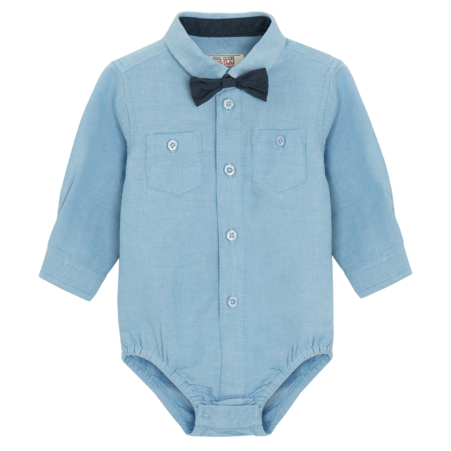 Blue checked pants with suspenders and vest, light blue button down long sleeve bodysuit with bow tie