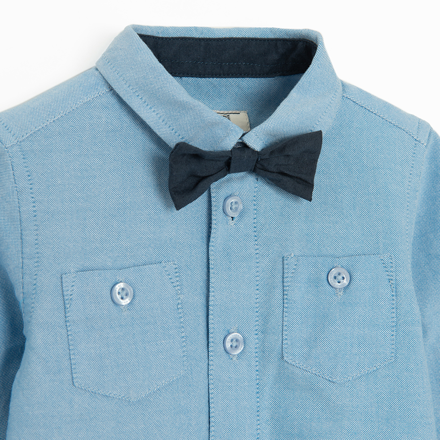 Blue checked pants with suspenders and vest, light blue button down long sleeve bodysuit with bow tie