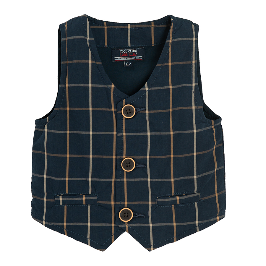 Blue checked pants with suspenders and vest, light blue button down long sleeve bodysuit with bow tie